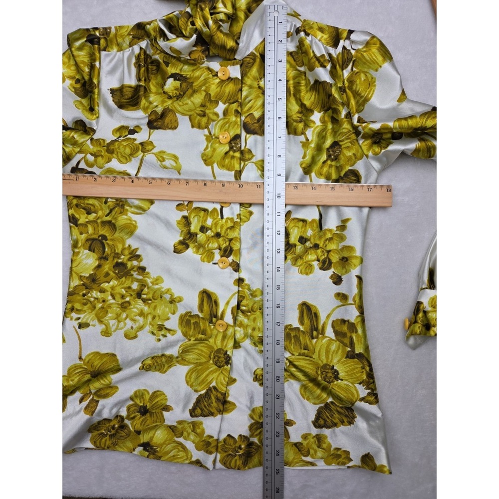 Vtg 60s 70s Hand Made Double Knit Shiny Floral Pussybow Blouse Top Mod Size S? - Picture 11 of 13